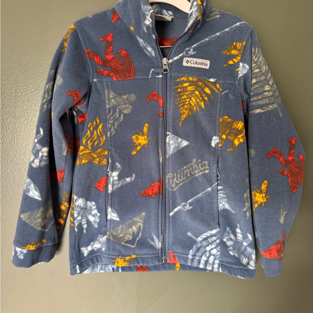 Columbia Kids Navy Fleece Jacket with Red & Yellow Adventure Print